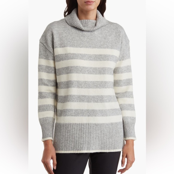 Adrianna Papell STRIPE TURTLENECK‎ SWEATER IN LIGHT HEATHER GREY/ CREAM L - Picture 1 of 11